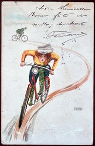 Vykort av en kvinna på cykel - teckning av R. Kirchner, ca. 1900.