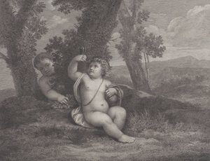 Spädbarnet Bacchus satt under ett träd och håller upp ett vinglas med ett annat spädbarn bakom..., 1780