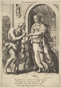 Allmosor: en kvinna med pärlhuvudbonad och gloria ger bröd åt två manliga tiggare, en be..., 1589.