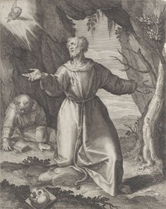 Saint Francis knäböjer med armarna utsträckta och tittar mot en kerub uppe till vänster,..., 1599.