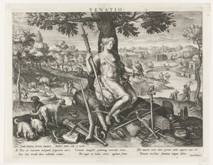 Diana som jaktens beskyddare Venatio (titel på objekt) Principal Activities of a Prince (serietitel) Schema, seu speculum principum (serietitel) av Raphaël Sadeler (I)
