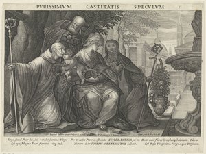 Helig familj med Saint Benedict och Saint Scholastica Kyskhetens spegel Pvrissimvm Castitatis Specvlvm (titel på objekt) Speglar av lydnad, kyskhet och fattigdom (serietitel) av Raphaël Sadeler (II)
