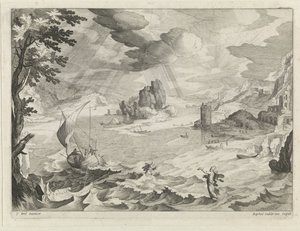 Havslandskap med Kristus och hans lärjungar i stormen på Galileiska sjön av Raphaël Sadeler (II)