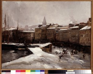 Quai du port, Marseille, under snön Målning av Raymond Allegre (1857-1933) Mått 56x74 cm. Obligatoriskt omnämnande: Hälsningar de Provence Marseille foundation collection av Raymond Allegre