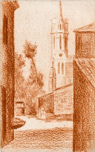 Kyrka (röd krita på papper) av Raymond Bonnefon