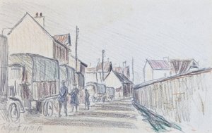 Konvoj av militärfordon vid Trilport, ca 1914-18 (blyerts på papper) av Raymond Bonnefon