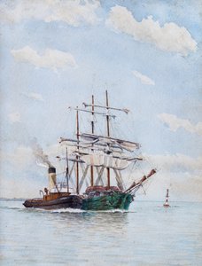 Framför Blaye, Tre master och bogserbåtar (akvarell) av Raymond Bonnefon