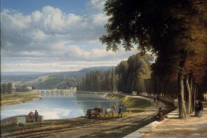 Gå till Parc de Saint Cloud Detail på stranden av Seine, hästar på dragbanan. Målning av Raymond Esbrat (1809-1856) 1850 Roanne. Joseph Dechelette-museet av Raymond Esbrat