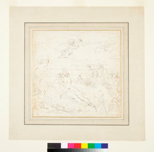 Apollo, amfitrit och marina gudar som ger erbjudanden (penna och brunt bläck över svart krita)