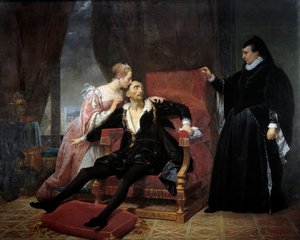 Kung Karl IX:s död (1550-1574) Kungen dog av lunginflammation på slottet Vincennes, till höger hans mor Catherine de Medicis (Caterina de Medici). Målning av Charles Monvoisin (1790-1870) 1834 Sön. 2,32x2,91 m Montpellier, Musee Fabre