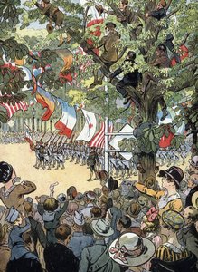 Första världskriget: Segerparaden på Avenue des Champs-Elysees i Paris den 14/07/1919: Franska marinsoldater beundras av Parisborna - (WWI: segerparad på Champs Elysees-avenyn av Raymond de la Neziere