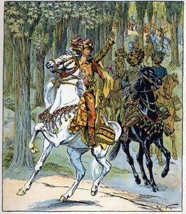 Tjuvar på hästryggen: illustration till sagan "Aladin eller den underbara lampan" i "Tusen och en natt