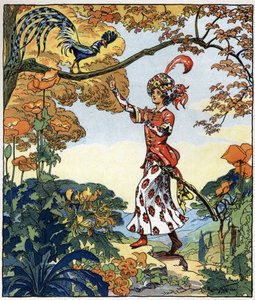 Parizade sprang till fågeln och lade sin hand på den: illustration till sagan "Aladin eller den underbara lampan" i "Tusen och en natt