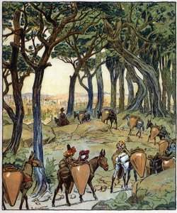 Hela karavanen tog vägen till staden: illustration till sagan "Aladin eller den underbara lampan" i "Tusen och en natt av Raymond de la Neziere