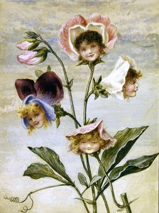 Pelargon & Sweet Pea - Blomsterbarn - ett par (akvarell & kroppsfärg på papper) av Rebecca Coleman