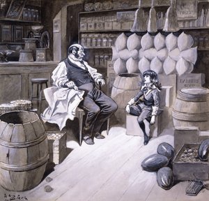 Herr Hobbs", sa Cedric, "en jarl sitter på den här lådan nu!", illustration för "Little Lord Fauntleroy" av Frances Hodgson Burnett