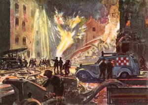 Brandmän från den brittiska nationella brandkåren i krigstid som hanterar en brinnande gasledning under Blitz, andra världskriget