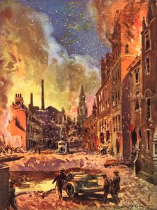 Brandmän från krigstidens brittiska National Fire Service inspekterar en stor bombkrater under Blitz, andra världskriget