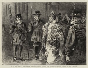 Efter Hennes Majestäts teckningsrum passerar debutanter genom vestibulen, Buckingham Palace, till sina vagnar (gravyr) av Reginald Thomas Cleaver