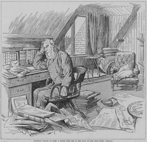 Den engelske fysikern John Tyndall i arbetsrummet i sitt hem, Hindhead House, Haslemere, Surrey (gravyr) av Reginald Thomas Cleaver