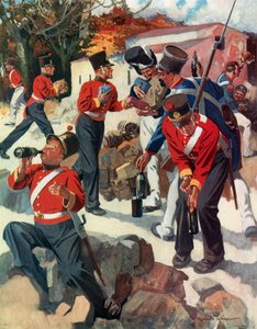 Entente Cordiale - Engelska och franska trupper delar ut gåvor under Wellingtons kampanj på halvön (färglitografi) av Reginald Thomas Cleaver