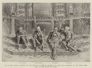 In at the Death, ledamöter av underhuset lyssnar på de slutliga talen om Home Rule Bill i överhuset (gravyr) av Reginald Thomas Cleaver