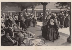 Marknadsdag i Middelburg i Holland, smörförsäljarna (litografi) av Reginald Thomas Cleaver