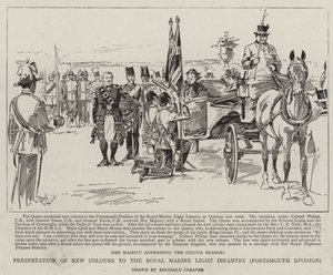 Utdelning av nya fanor till Royal Marine Light Infantry, Portsmouth Division (litografi) av Reginald Thomas Cleaver