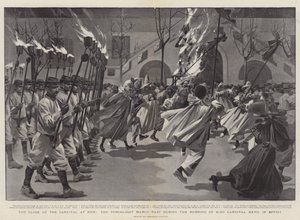 Avslutningen av karnevalen i Nice, fackeltåget förbi under bränningen av kung Karneval XXVII i likbål (gravyr) av Reginald Thomas Cleaver