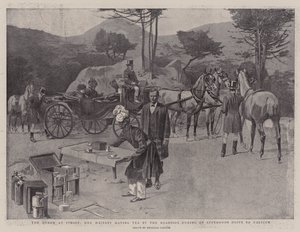 Drottningen i Cimiez, Hennes Majestät dricker te vid vägkanten under en eftermiddagstur till Falicon (litografi) av Reginald Thomas Cleaver