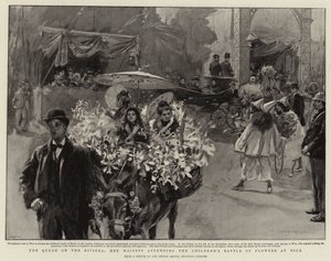 Drottningen på Rivieran, Hennes Majestät närvarar vid Barnens Blomsterslag i Nice (litografi) av Reginald Thomas Cleaver