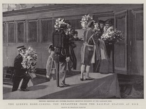 Drottningens hemkomst, avresan från järnvägsstationen i Nice (litografi) av Reginald Thomas Cleaver
