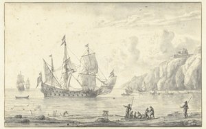 Tremästare på vägen till en stenig kust av Reinier Nooms