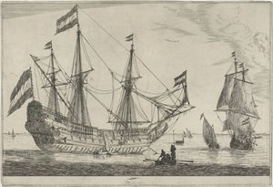 Stort segelfartyg och en roddbåt Tretton scener med skepp (serietitel) av Reinier Nooms