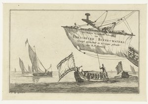 Statensloop och segelfartyg på lugnt vatten Nöten och den underhållande användningen av Versheyde Binne-Waters; Constigh togs bort och fördes in i Cooper av R.N. Sailor (serietitel på objekt) Inre vattenvägar (serietitel) av Reinier Nooms