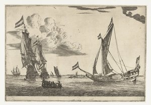 Två krigsfartyg och en yacht Tretton scener med skepp (serietitel) av Reinier Nooms