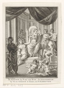 Allegorisk framställning med historia, sanning, antiken och försiktighet Turkarnas samtida historia (titel på objekt) Titelsida för: S.n., Samtida historia eller fortsättningen av allmän historia, 1767 av Reinier Vinkeles (I)