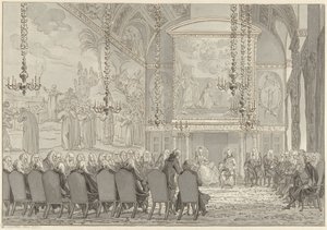 Mottagning av prins William V och Wilhelmina av Preussen i rådssalen i Amsterdams stadshus av Reinier Vinkeles (I)