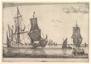 Stort segelfartyg och roddbåt, 1600-talet.