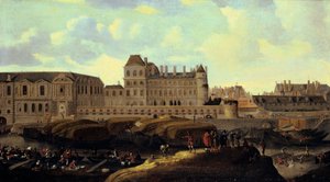 Louvren och Petit Bourbon sett från Seine, Paris, 1600-talet