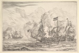Sjömöte med tre fartyg till höger, från Naval Battles Nieuwe Scheeps Bat..., 1652-54. av Reinier Zeeman