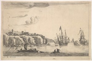 Havshamn med by på en klippa, 1600-talet.