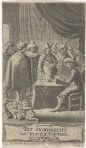 Köpman vid skrivbordet Titelsida för: J. van der Does e.a., Verscheyde voyagien, orte reysen, 1652 av Reinier van Persijn