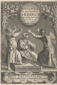 Minerva en twee geketende figurer Titelsida för: A. Thysius, Justinus cum notis selectissimis variorum Berneggerj, Bongarsy, Vossy, Thysy, &c, 1659