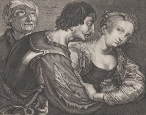 Köparen: en gammal kvinna, en soldat och en kvinna, ca. 1635-68. av Reinier van Persyn