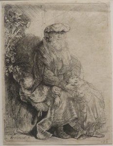 "Abraham Caressing Isaac", etsning av Rembrandt, Honolulu Museum of Art