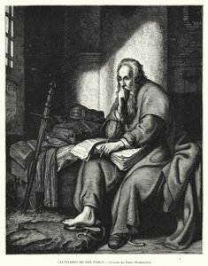 St Paul i fängelse (litho) av Rembrandt Harmensz. van Rijn (after)
