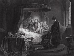 Uppväckandet av Jairus dotter, Markus, kapitel V, vers 35, 42 (gravyr) av Rembrandt Harmensz. van Rijn (after)
