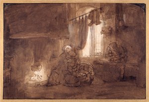 Den heliga familjen i snickeriet (penna och bläck med tvätt på papper) av Rembrandt Harmensz. van Rijn (school of)
