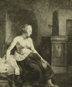 En kvinna som sitter halvklädd bredvid en spis, 1658 av Rembrandt van Rijn